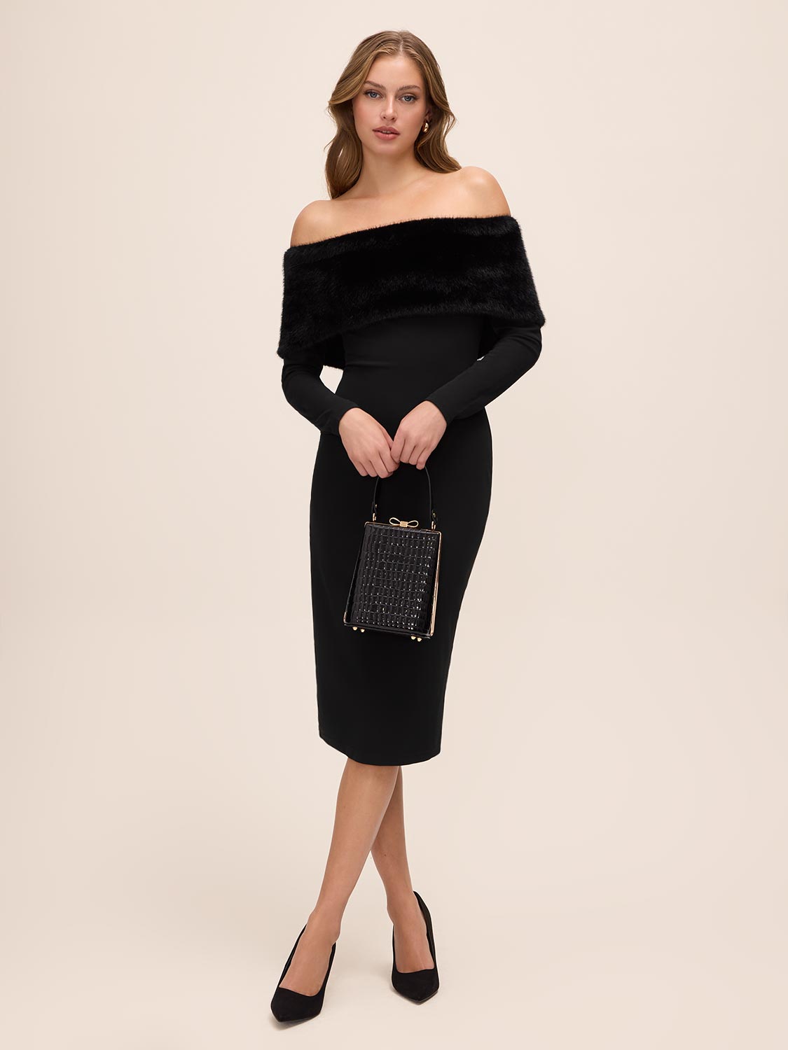 Black Off-Shoulder Knit Crepe Midi Dress with Fur Band - Elegant Evening Wear - Le Chateau