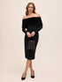 Black Off-Shoulder Knit Crepe Midi Dress with Fur Band - Elegant Evening Wear - Le Chateau