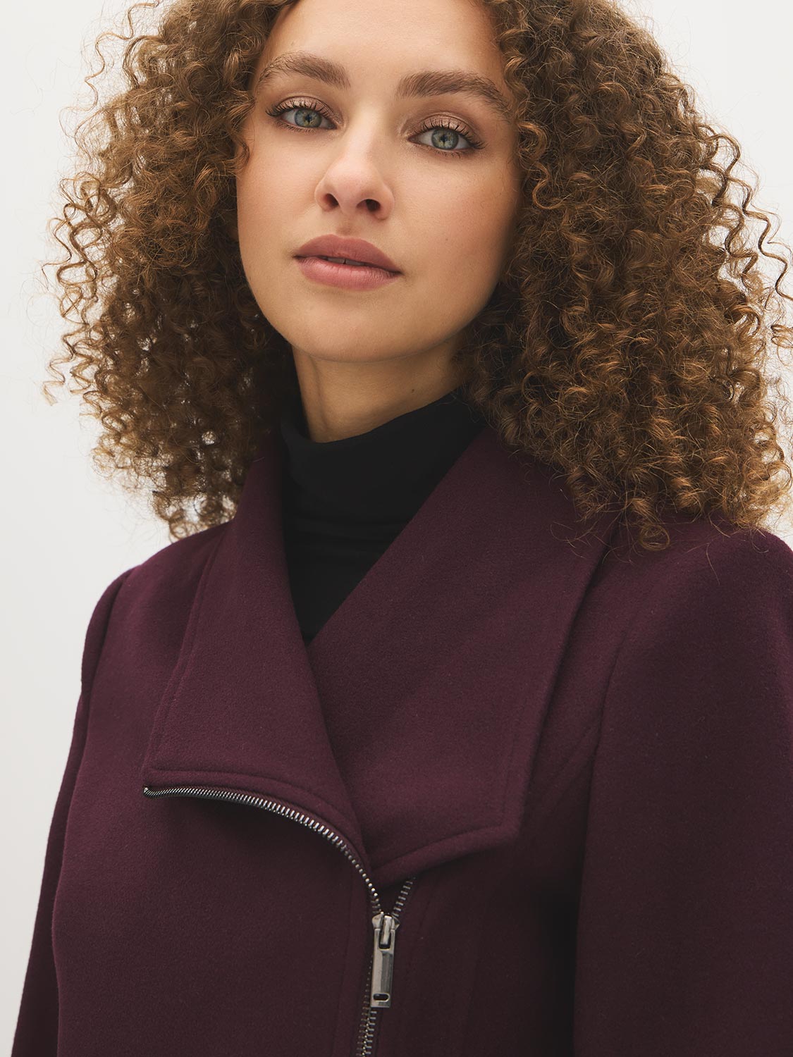 DK Burgundy Asymmetrical Zip Faux Wool Coat - Close-up Collar Detail - Suzy Shier