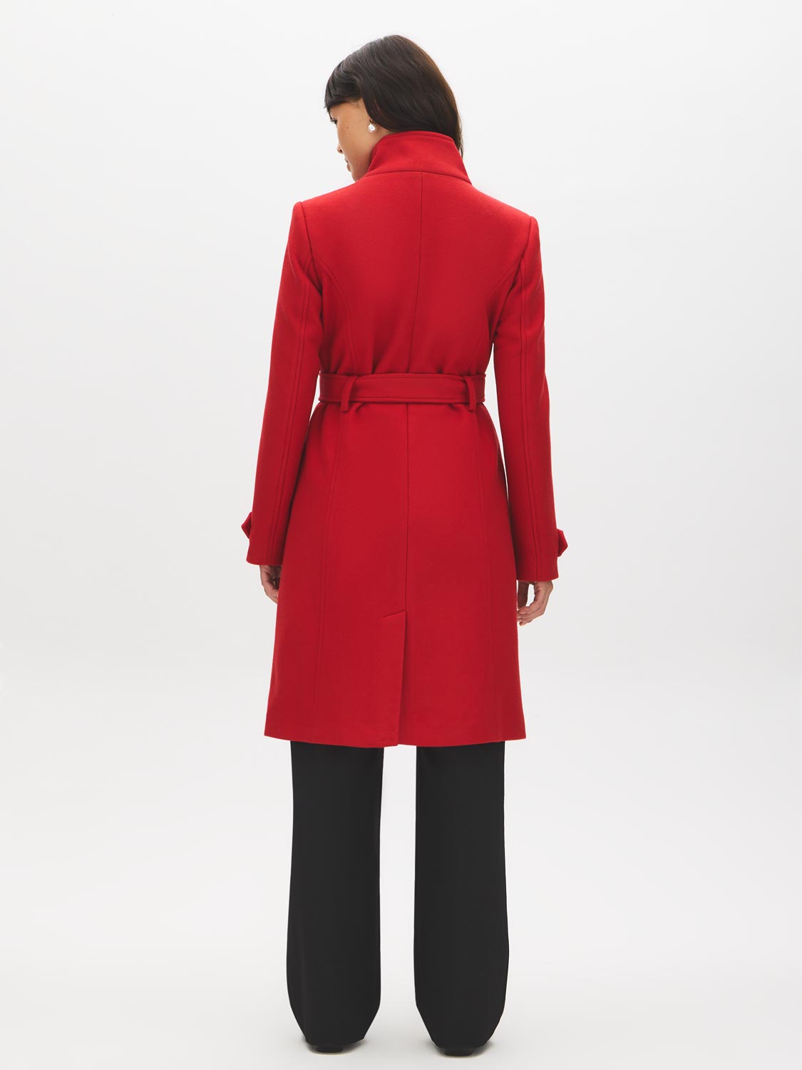Red Faux Wool Funnel Neck Coat with Wrap Belt - Back View - Suzy Shier