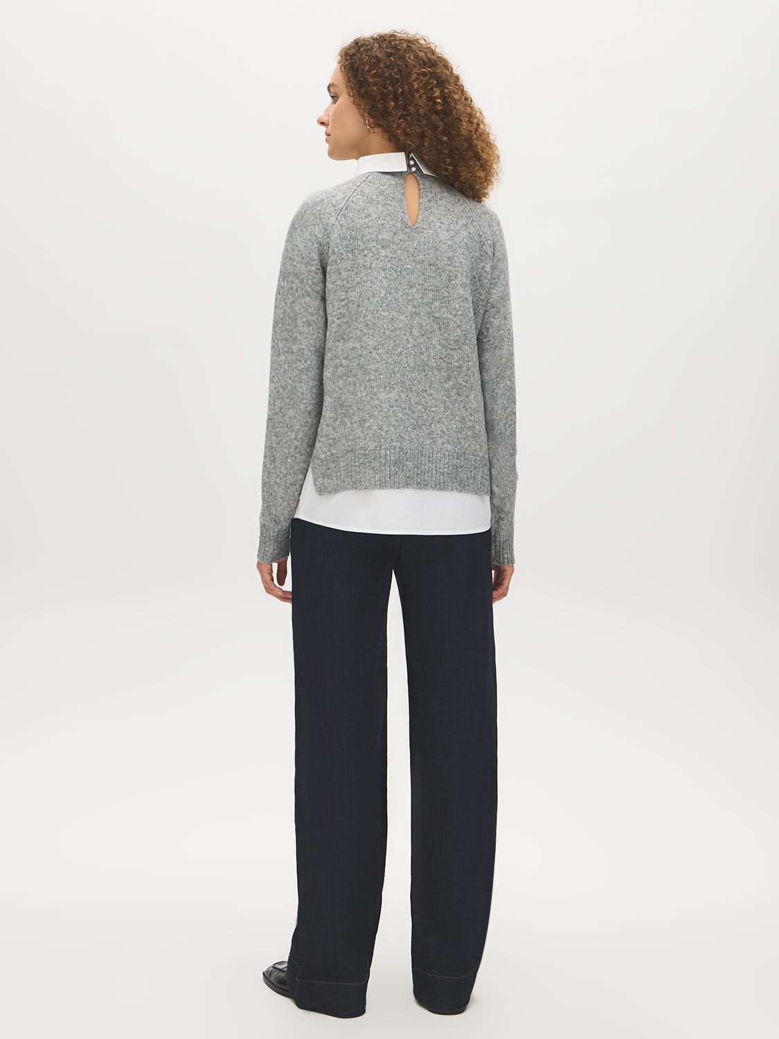 Grey Mix Twofer Knit Sweater with Poplin Collar - Back View - Suzy Shier