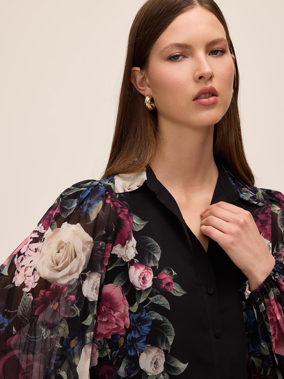 Black Print Placement Floral Blouse - Close-up Fabric Detail - Le Chateau