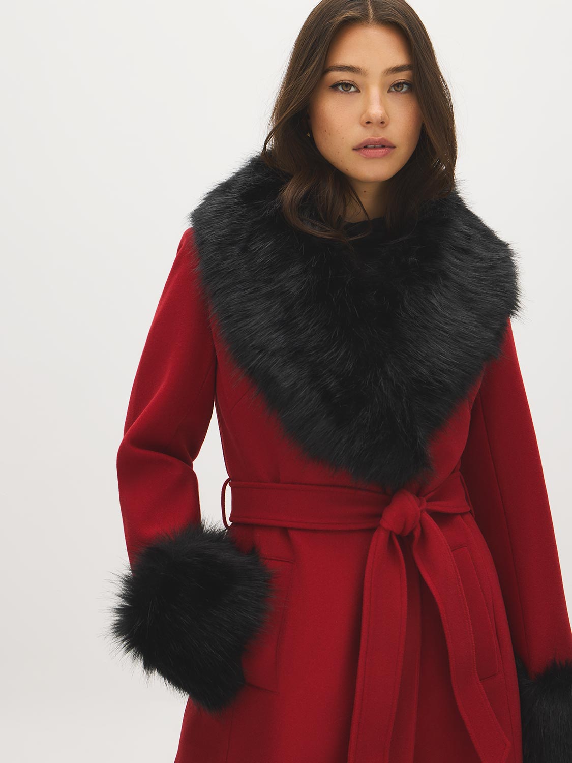 Dark Brown Melange Long Belted Faux Wool Coat - Back View - Suzy Shier