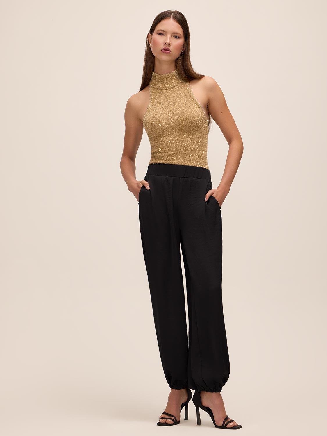 Gold Sleeveless Tinsel Lurex Knit Sweater - Full Body View - Le Chateau