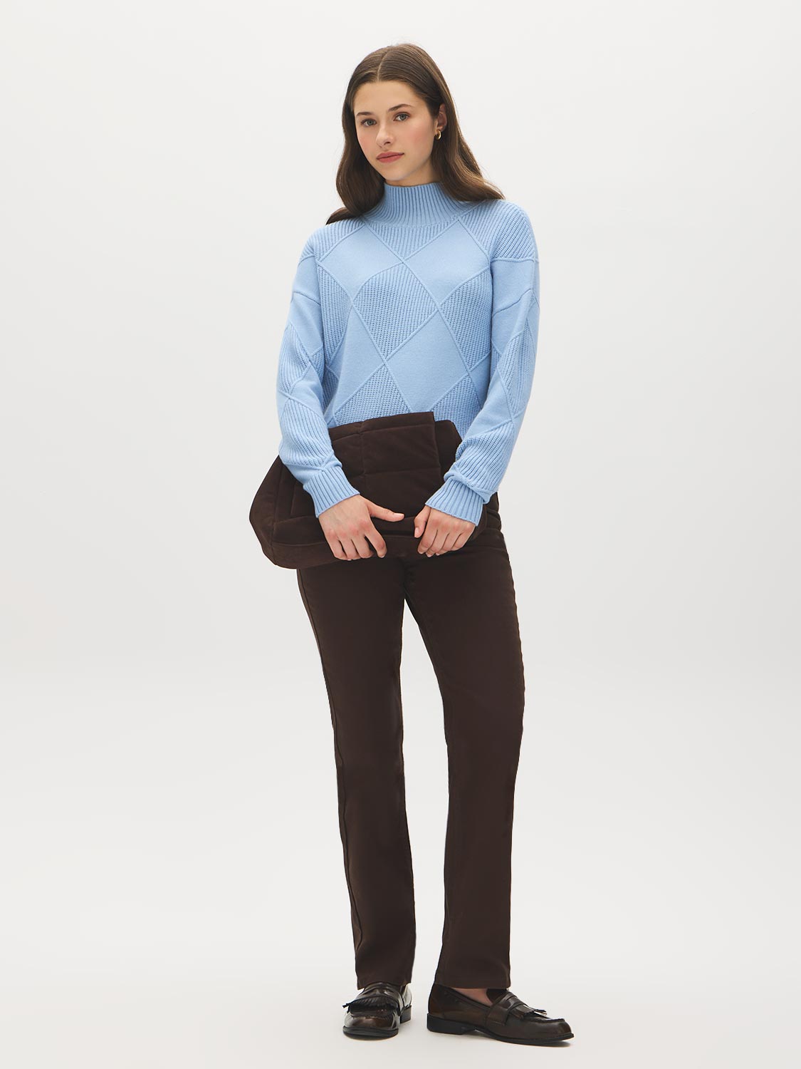 Soft Blue Mock Neck Sweater with Diamond Pattern - Front View - Suzy Shier