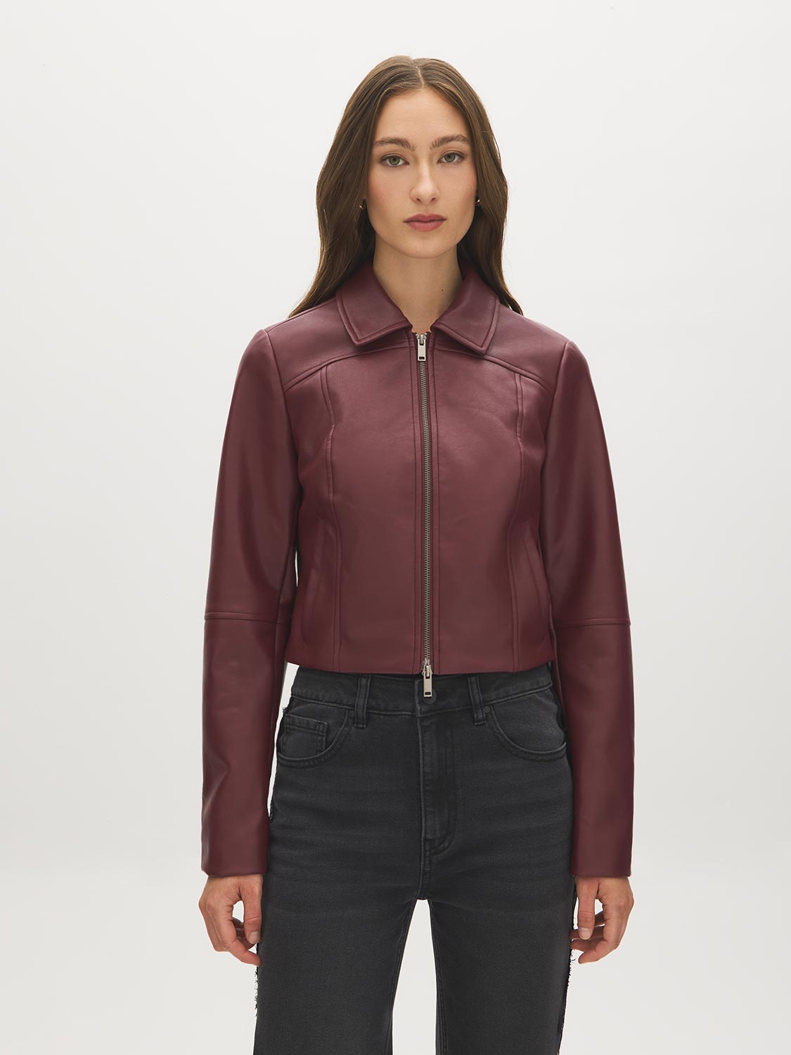 Merlot Vegan Leather Shorts with Front Zipper - Front View - Suzy Shier