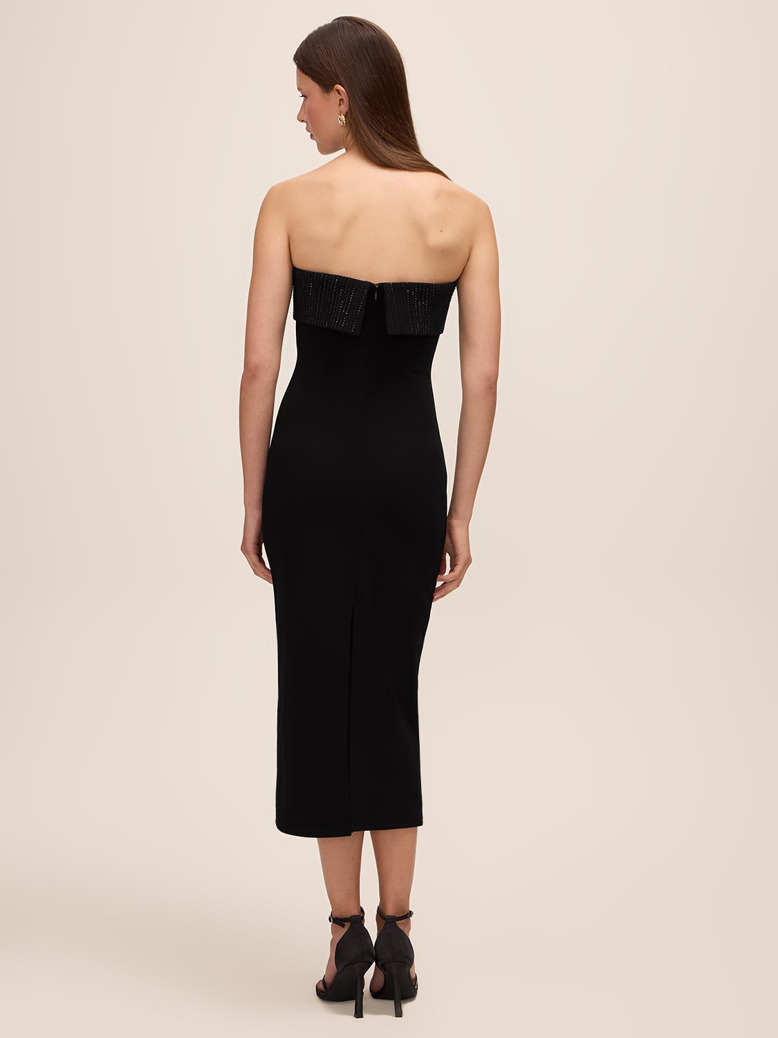 Black Knit Crepe Midi Sheath Dress - Back View - Le Chateau
