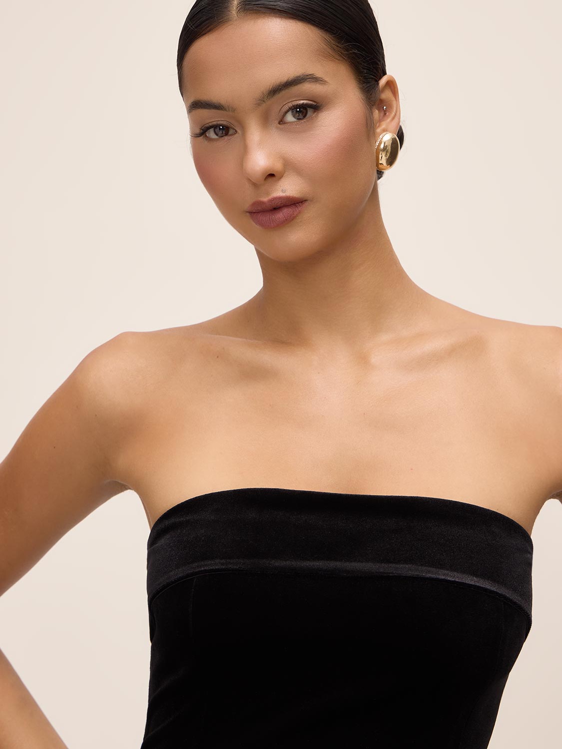 Black Velour Strapless Fit & Flare Dress - Close-up Bodice Detail - Le Chateau