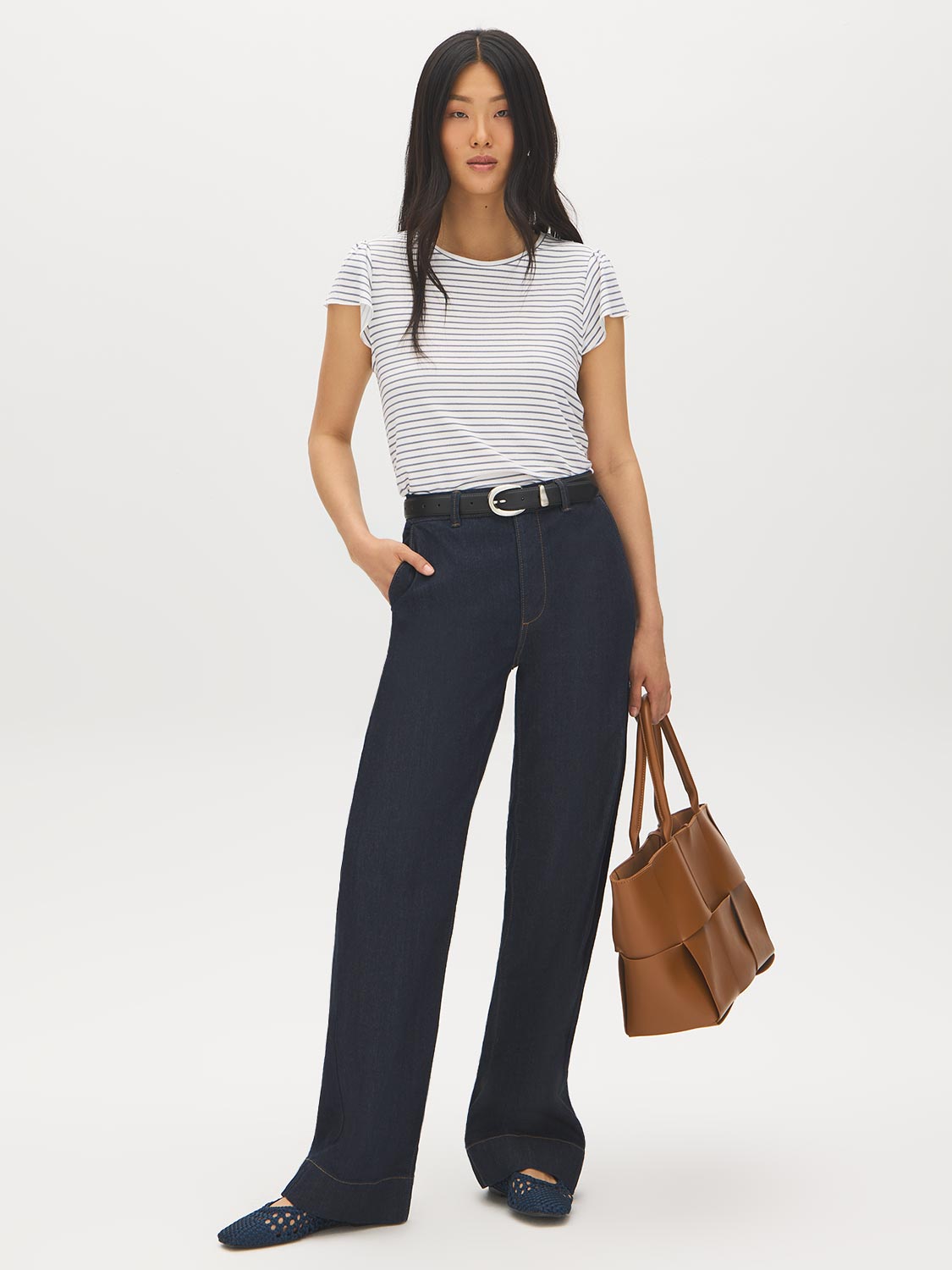Snow White Striped Ruffle Sleeve Knit Top - Front View - Suzy Shier