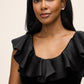 Black Satin Ruffle Low Back Velour Top - Close-up Ruffle Detail - Le Chateau