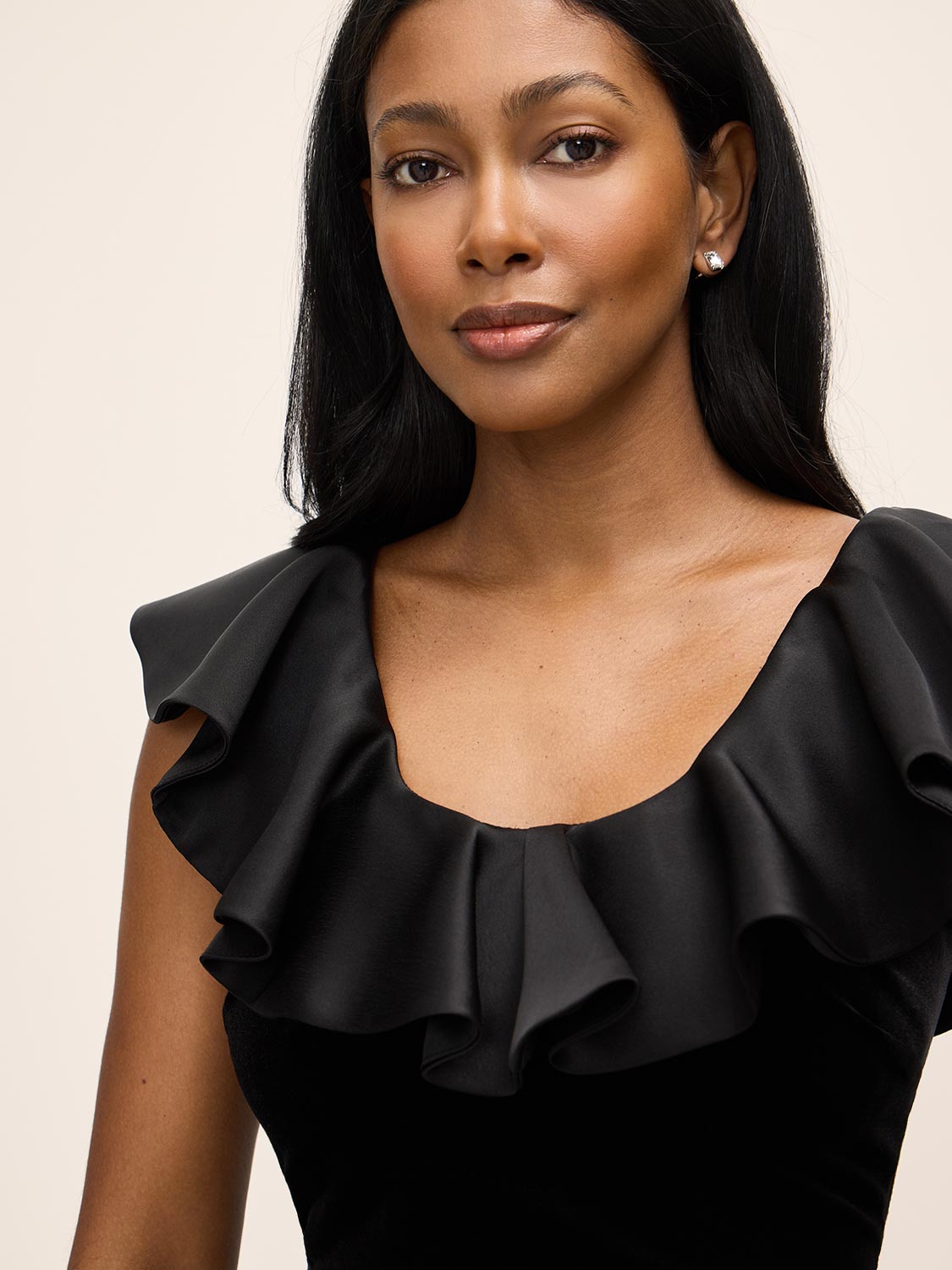 Black Satin Ruffle Low Back Velour Top - Close-up Ruffle Detail - Le Chateau