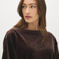 Coffee Bean Boxy Velvet Boat Neck Top - Close-up Fabric Detail - Suzy Shier