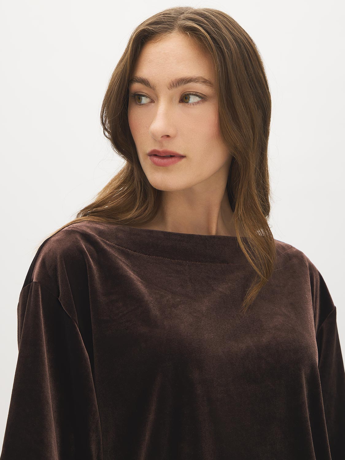 Coffee Bean Boxy Velvet Boat Neck Top - Close-up Fabric Detail - Suzy Shier