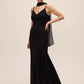 Black Knit Crepe Gown with Chiffon Godet Inserts - Woman Wearing Elegant Evening Dress with Scarf - Le Chateau
