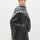 Grey/Black Plaid Scarf with Fringes - Close-up of Woven Texture and Fringe Detail - Suzy Shier