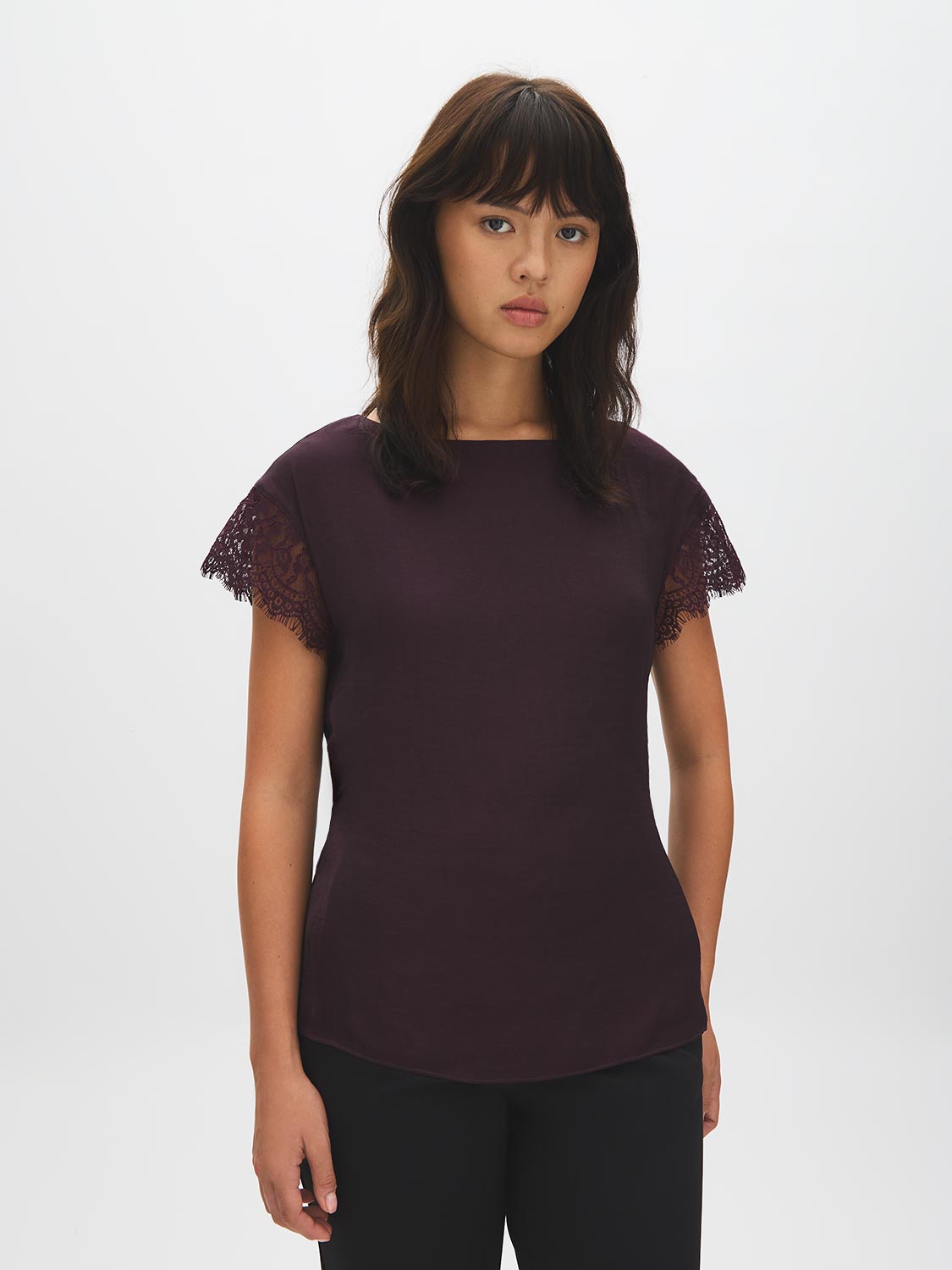 Midnight Plum Boat Neck Popover Top with Lace Trim - Front View - Suzy Shier