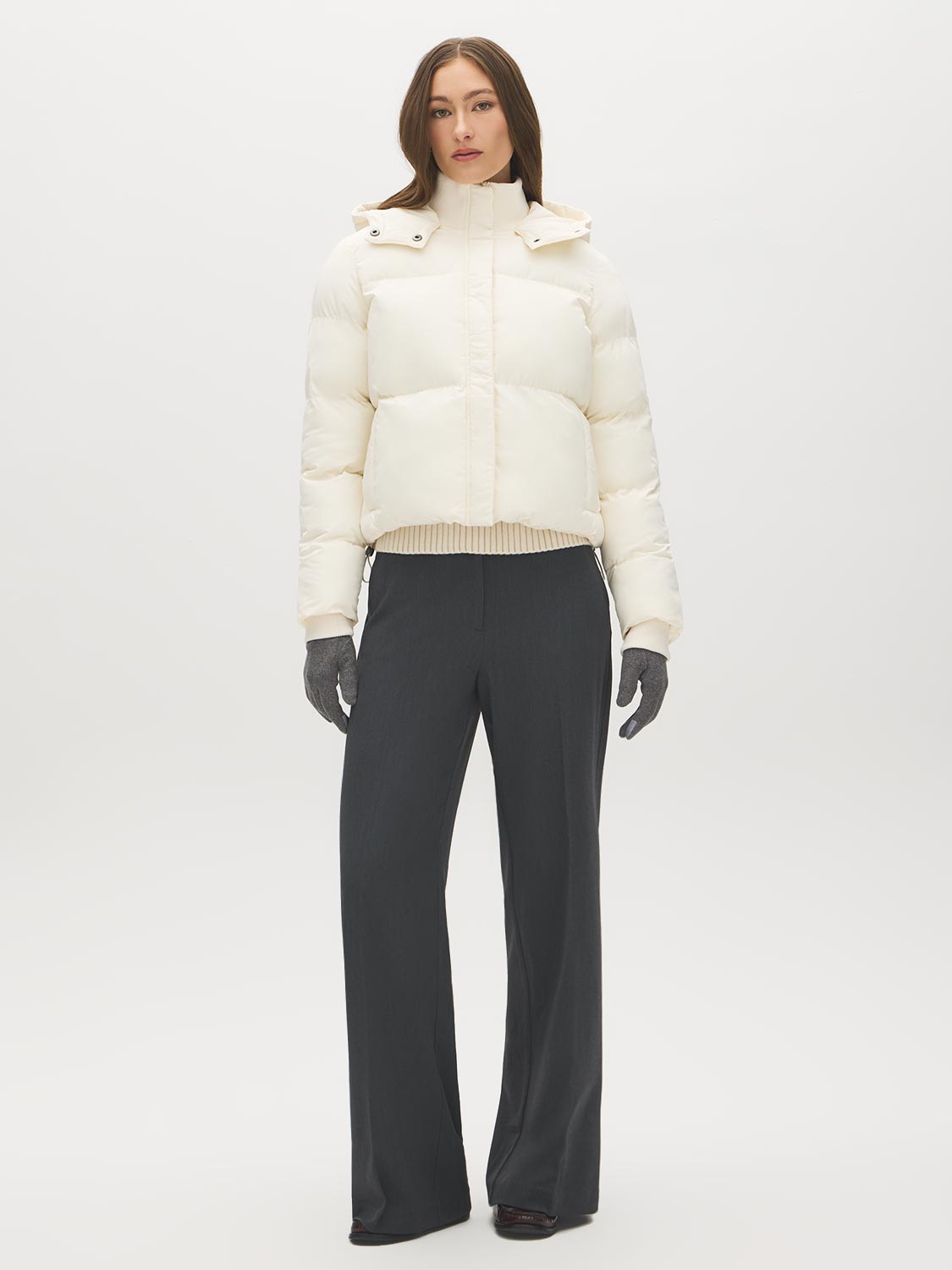Cream Short Puffer Jacket with Hood - Front View - Suzy Shier