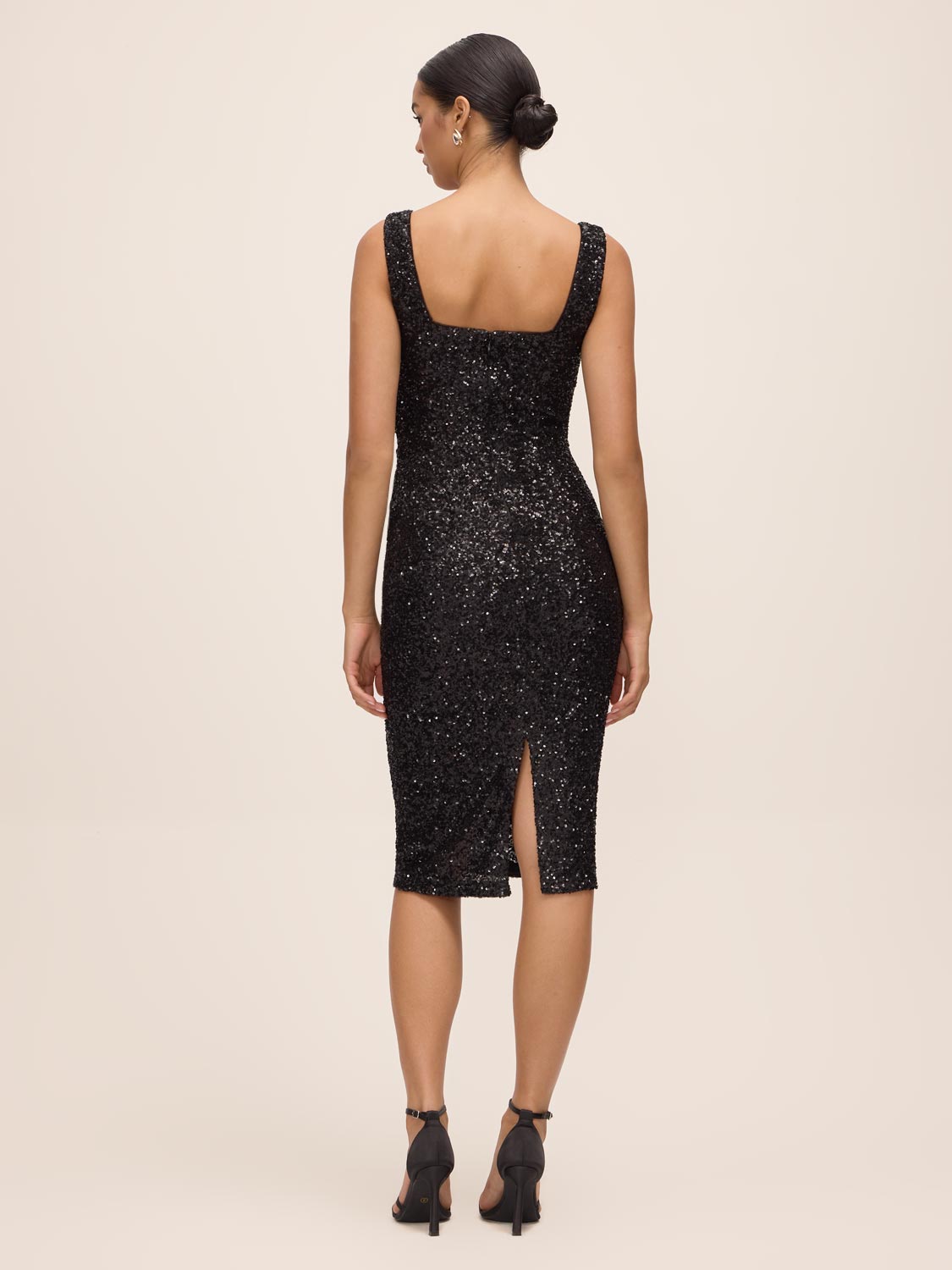 Black Square Neck Sleeveless Sequin Sheath Dress - Back View - Le Chateau