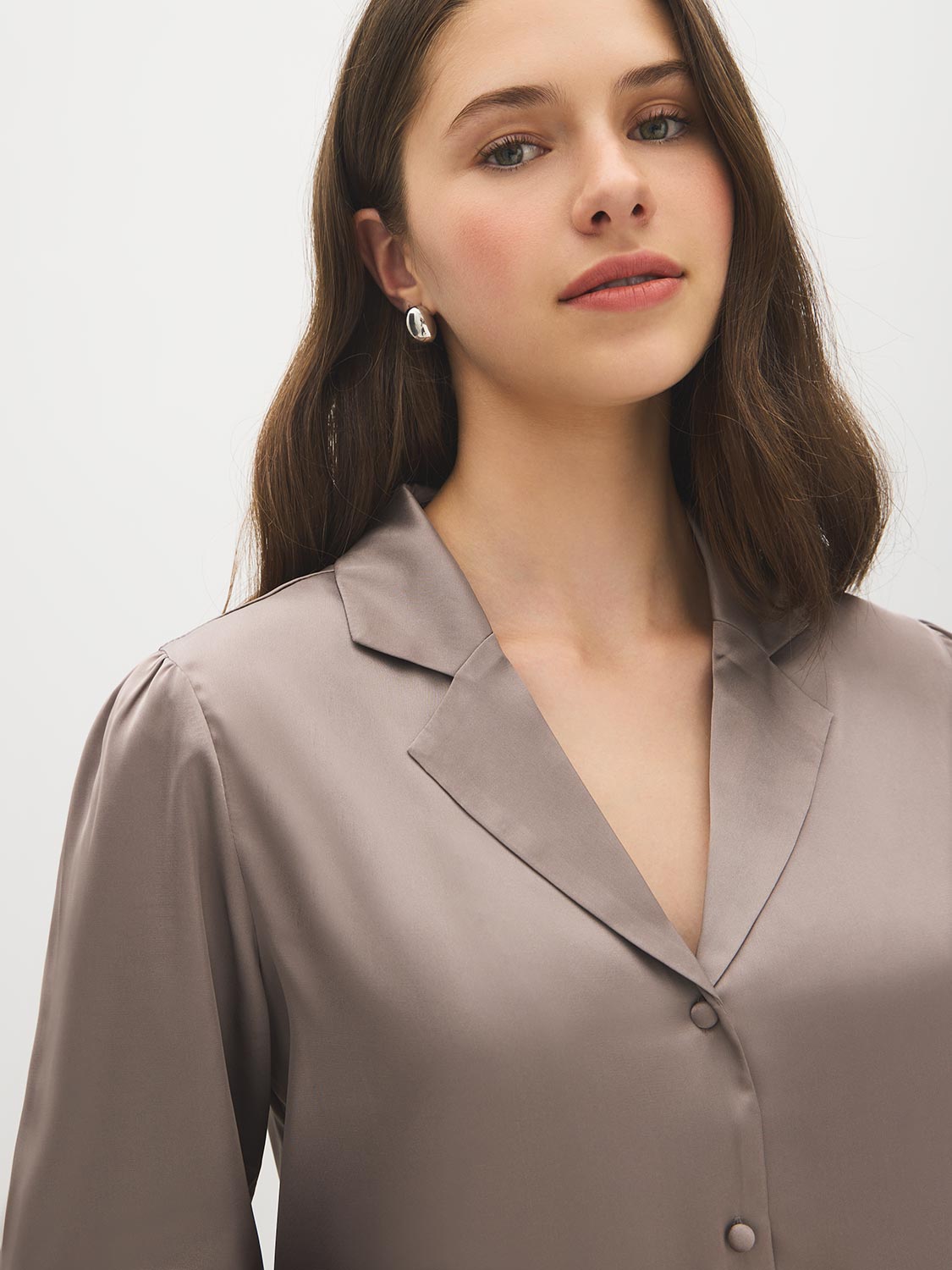 Driftwood Satin Blouse with Lace Hem - Collar Detail - Suzy Shier