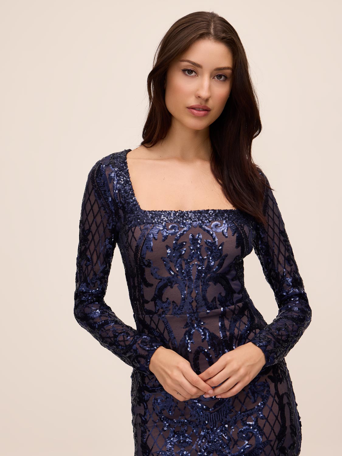 Midnight Blue Square Neck Sequin Midi Dress - Front View - Le Chateau