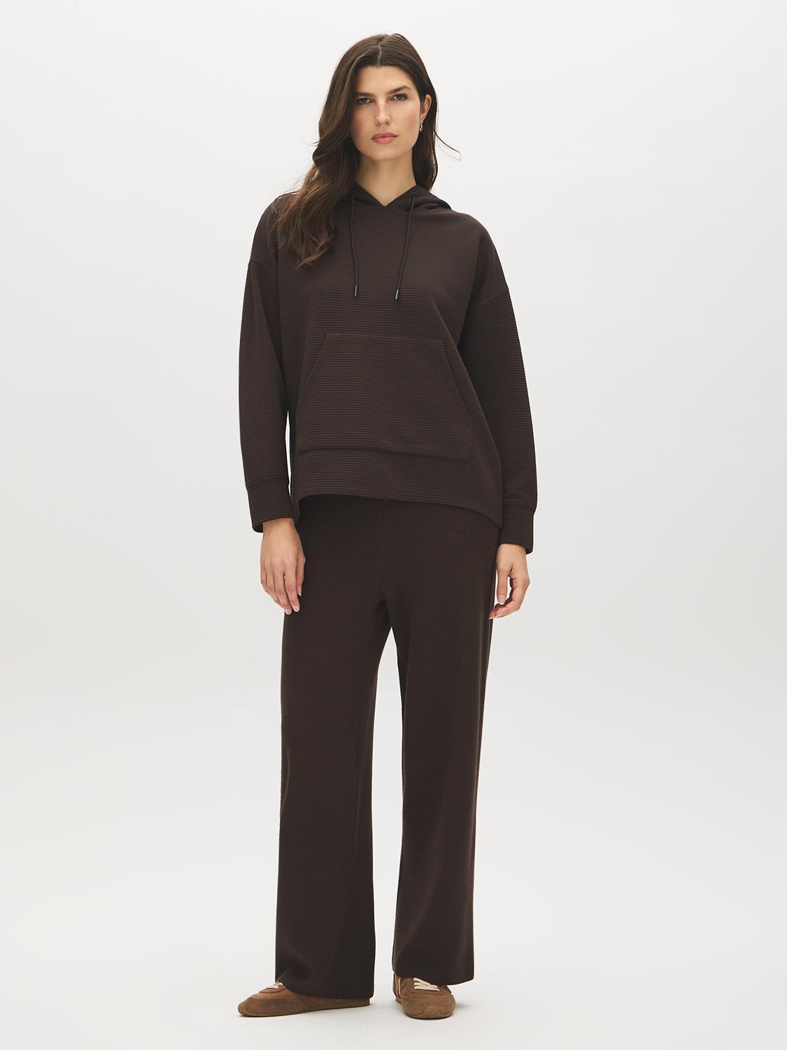 Dk Brown Ottoman Rib Hoodie with Kangaroo Pocket - Full Body View - Suzy Shier