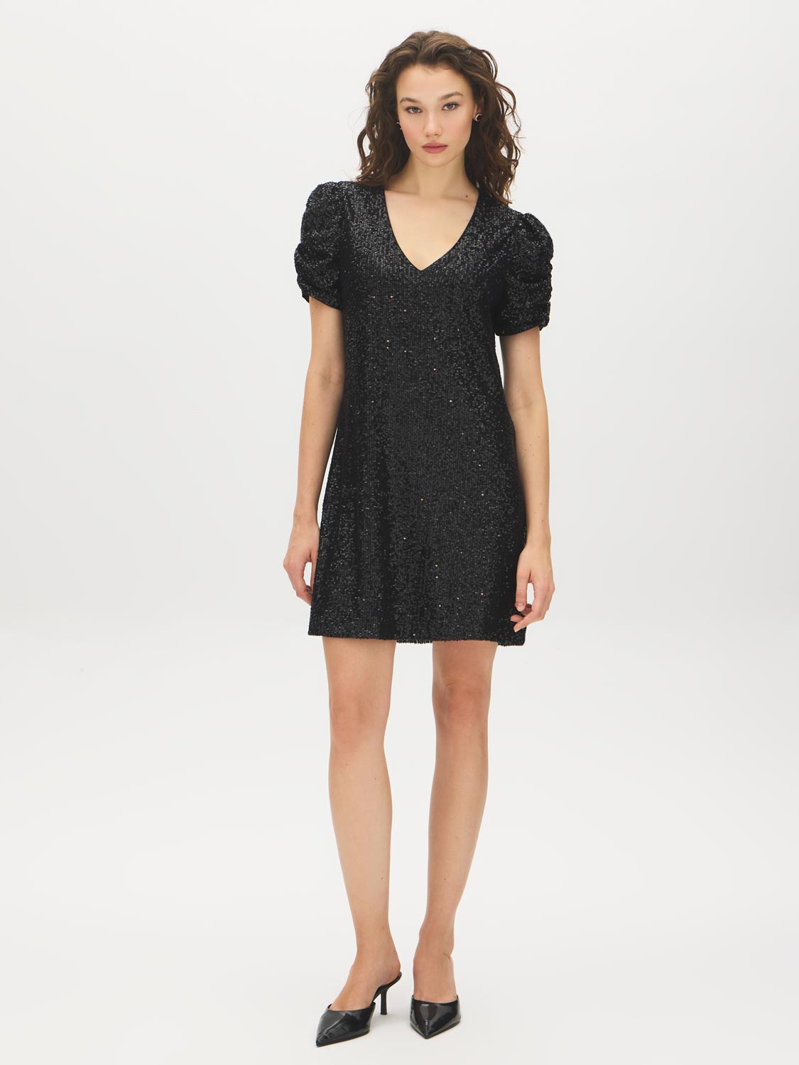 Jet Black Sequin V-Neck Dress with Caterpillar Sleeves - Woman Wearing Sparkling Evening Dress - Suzy Shier