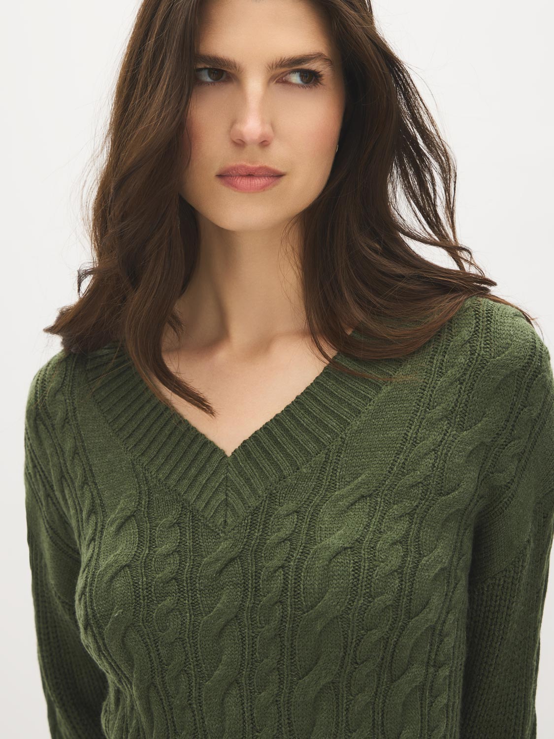 Ivy Melange V-Neck Cable Knit Sweater - Close-up Fabric Detail - Suzy Shier