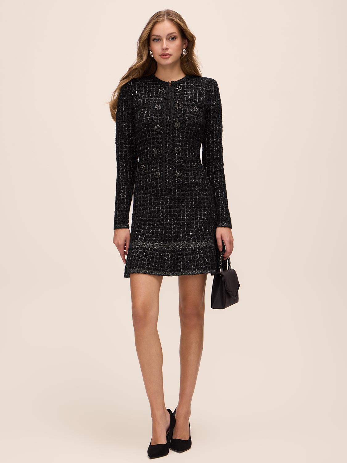 Black/Silver Lurex Boucle Sweater Mini Dress - Woman Wearing Keyhole Neckline Dress - Le Chateau