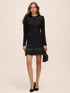 Black/Silver Lurex Boucle Sweater Mini Dress - Woman Wearing Keyhole Neckline Dress - Le Chateau