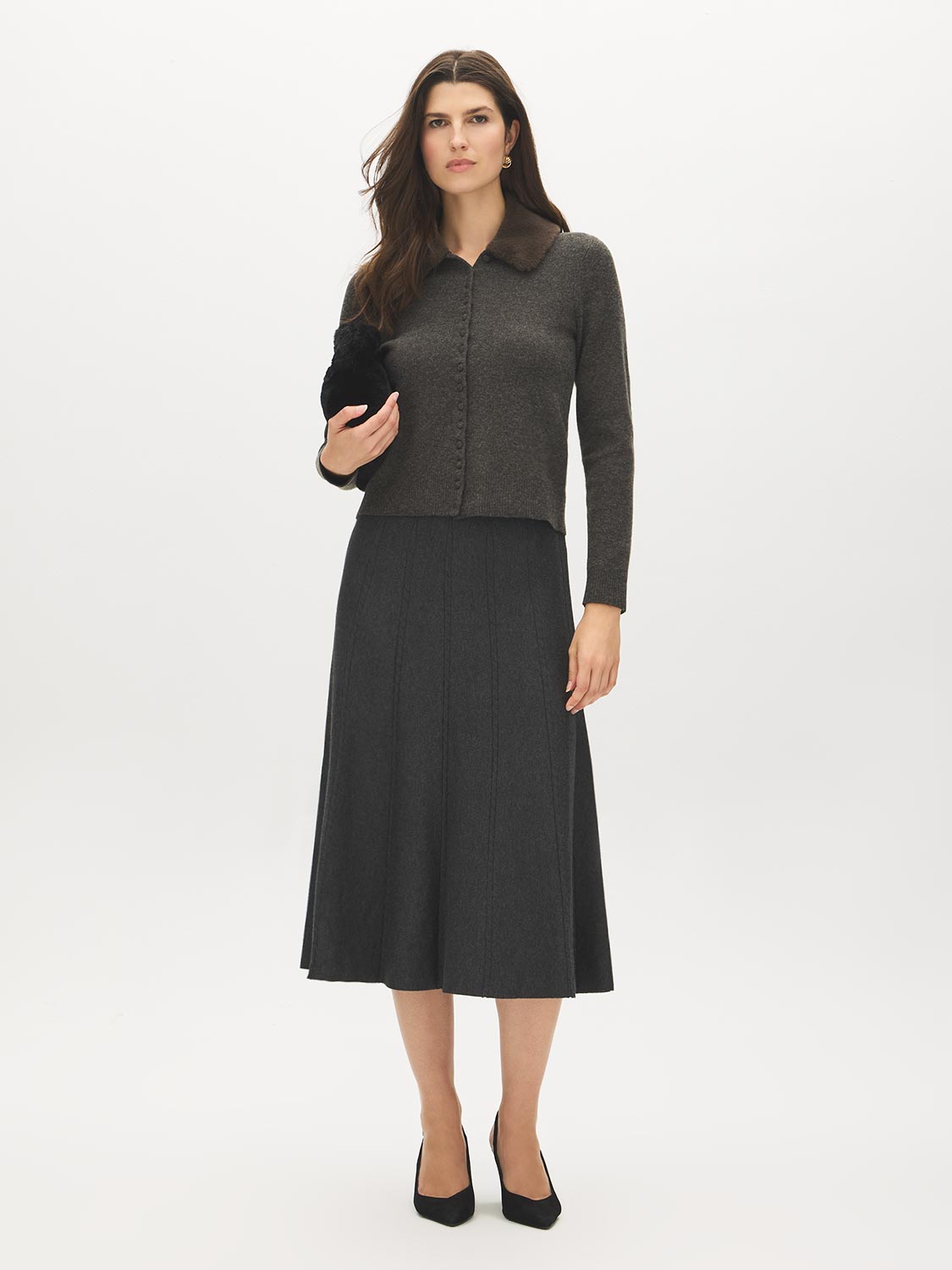 Charcoal Cable Knit Midi Skirt - Woman Wearing Textured Knit Skirt - Suzy Shier