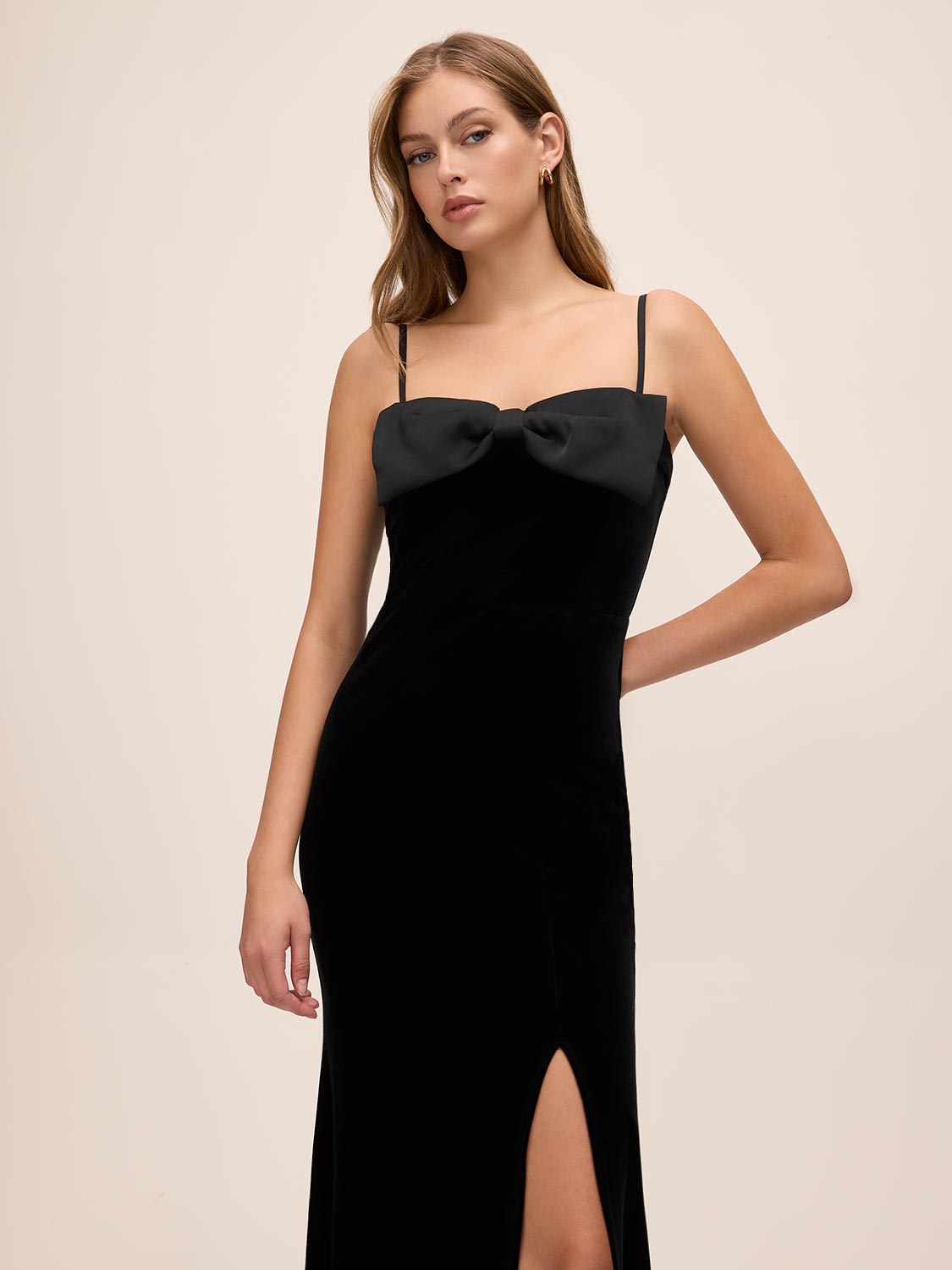 Black Velour Gown with Satin Bow - Full Front View - Le Chateau