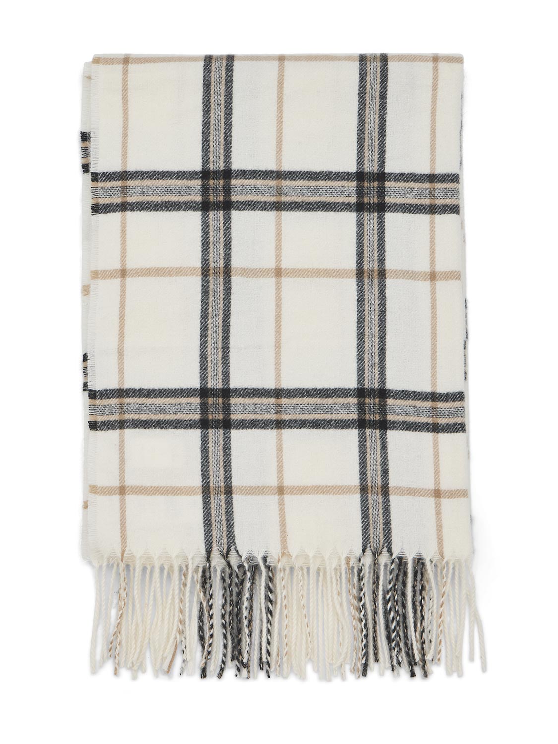 Cream/Taupe Soft Brushed Checked Scarf with Fringes - Close-up of Checked Pattern and Fringed Edges - Suzy Shier