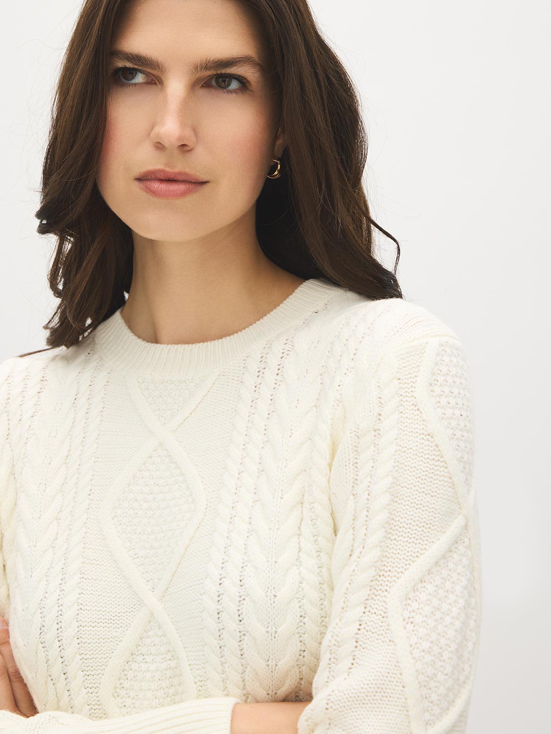Rice Cable Knit Sweater with Side Slits - Close-up Fabric Detail - Suzy Shier