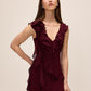 Bordeaux V-Neck Chiffon Gown with Tiered Ruffles - Front View - Le Chateau