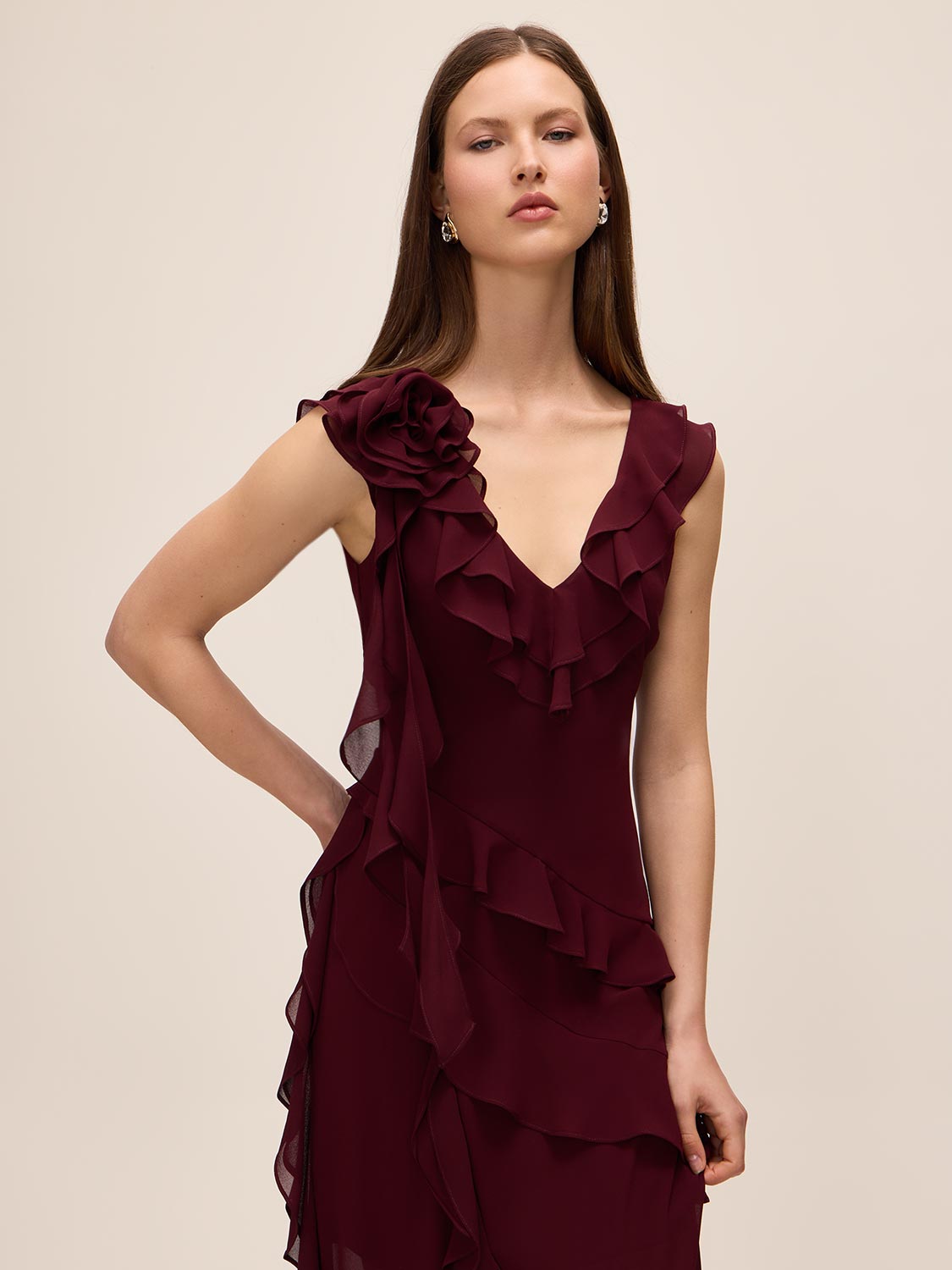 Bordeaux V-Neck Chiffon Gown with Tiered Ruffles - Front View - Le Chateau