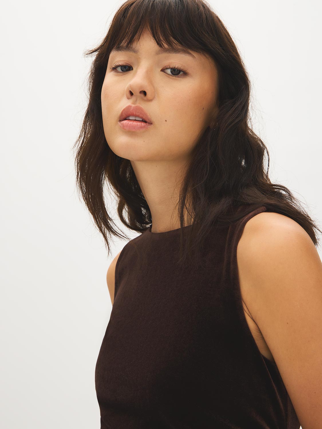 Milk Chocolate Velour Midi Dress with Lace Trim - Close-up Fabric Detail - Suzy Shier