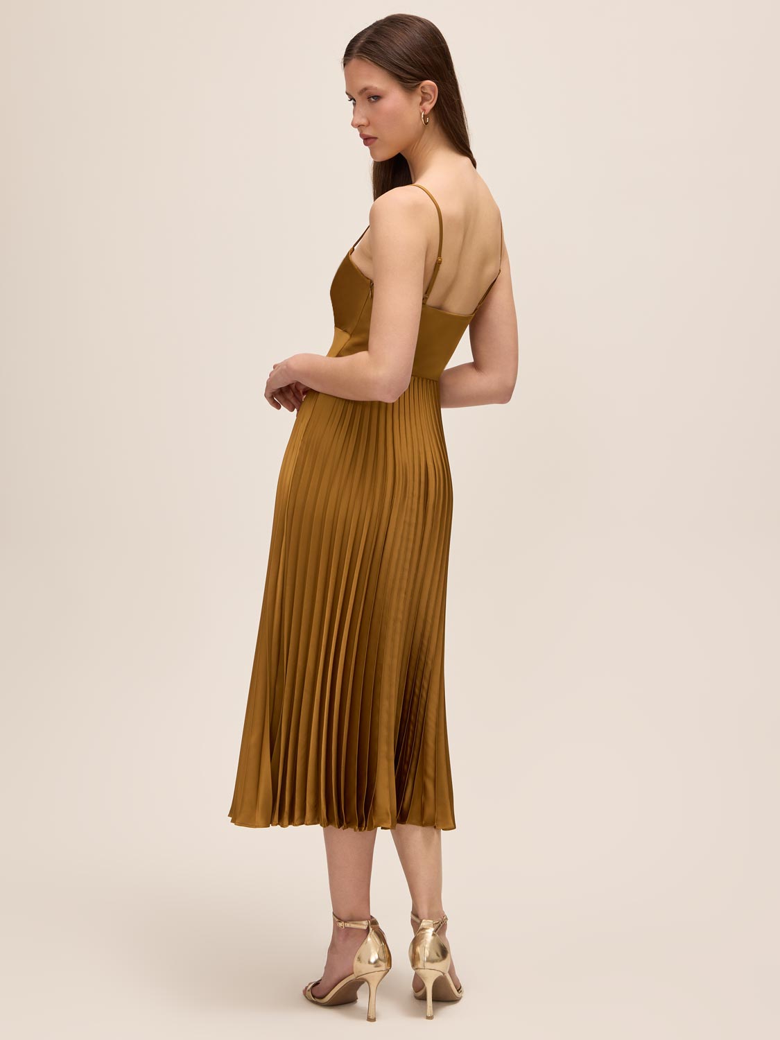 Dijon Pleated Satin Midi Dress with Knot Front - Side Profile View - Le Chateau