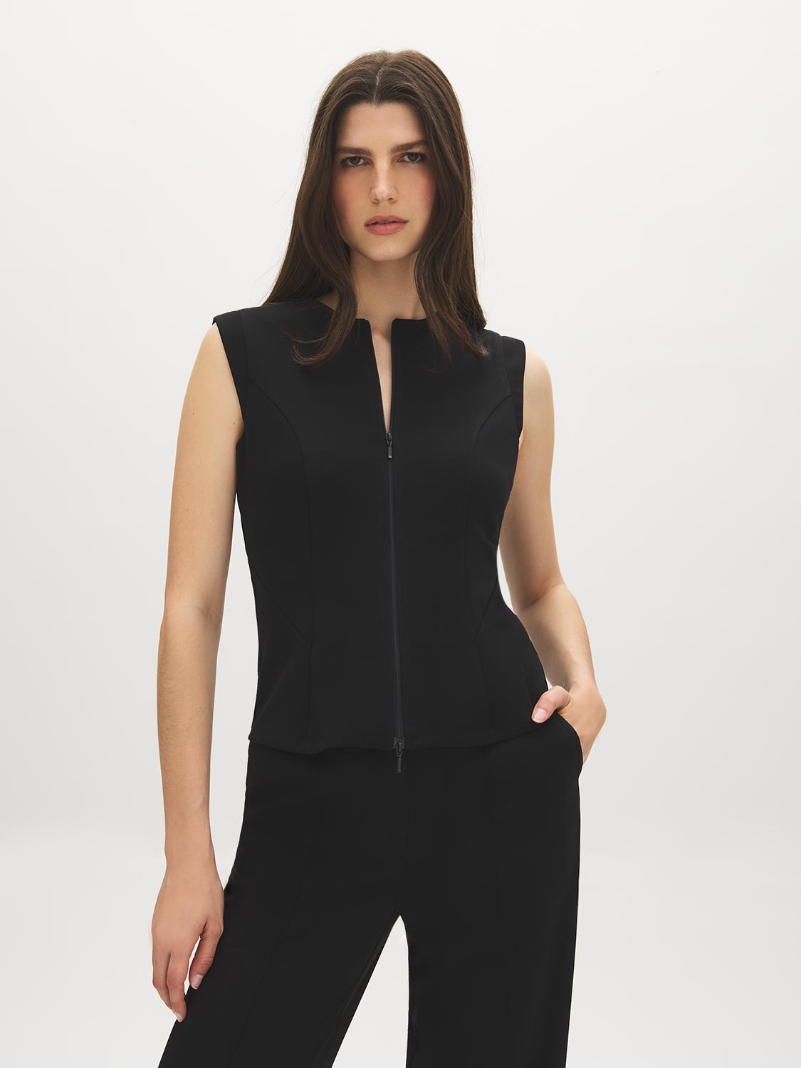 Black Sleeveless Zip-Front Vest Top - Woman Wearing Crew Neck Vest - Suzy Shier