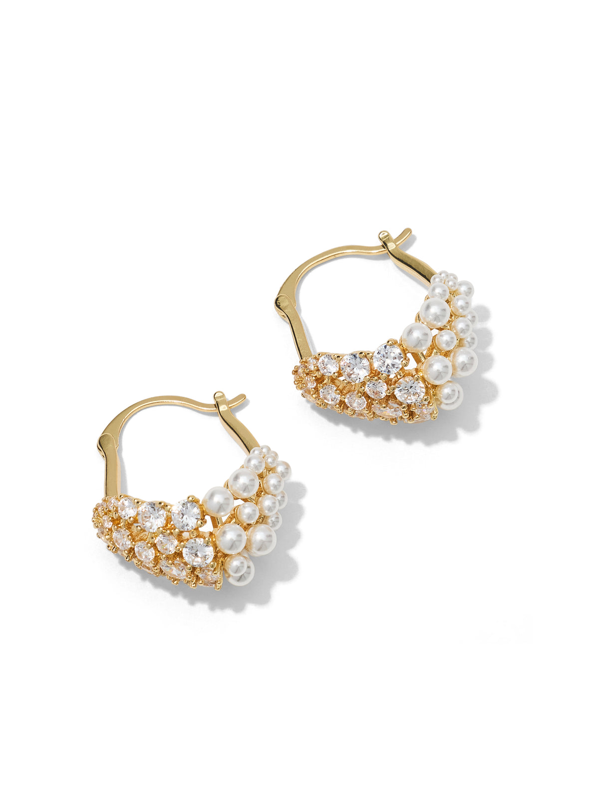 Gold Pearl and CZ Hoop Earrings - Front View - Suzy Shier