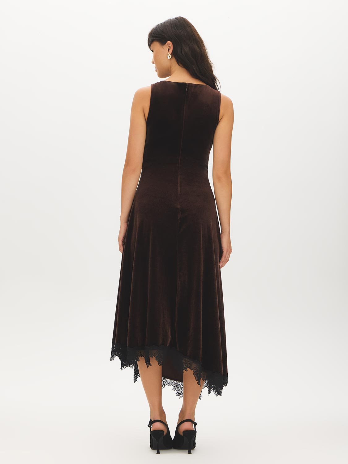 Milk Chocolate Velour Midi Dress with Lace Trim - Back View - Suzy Shier