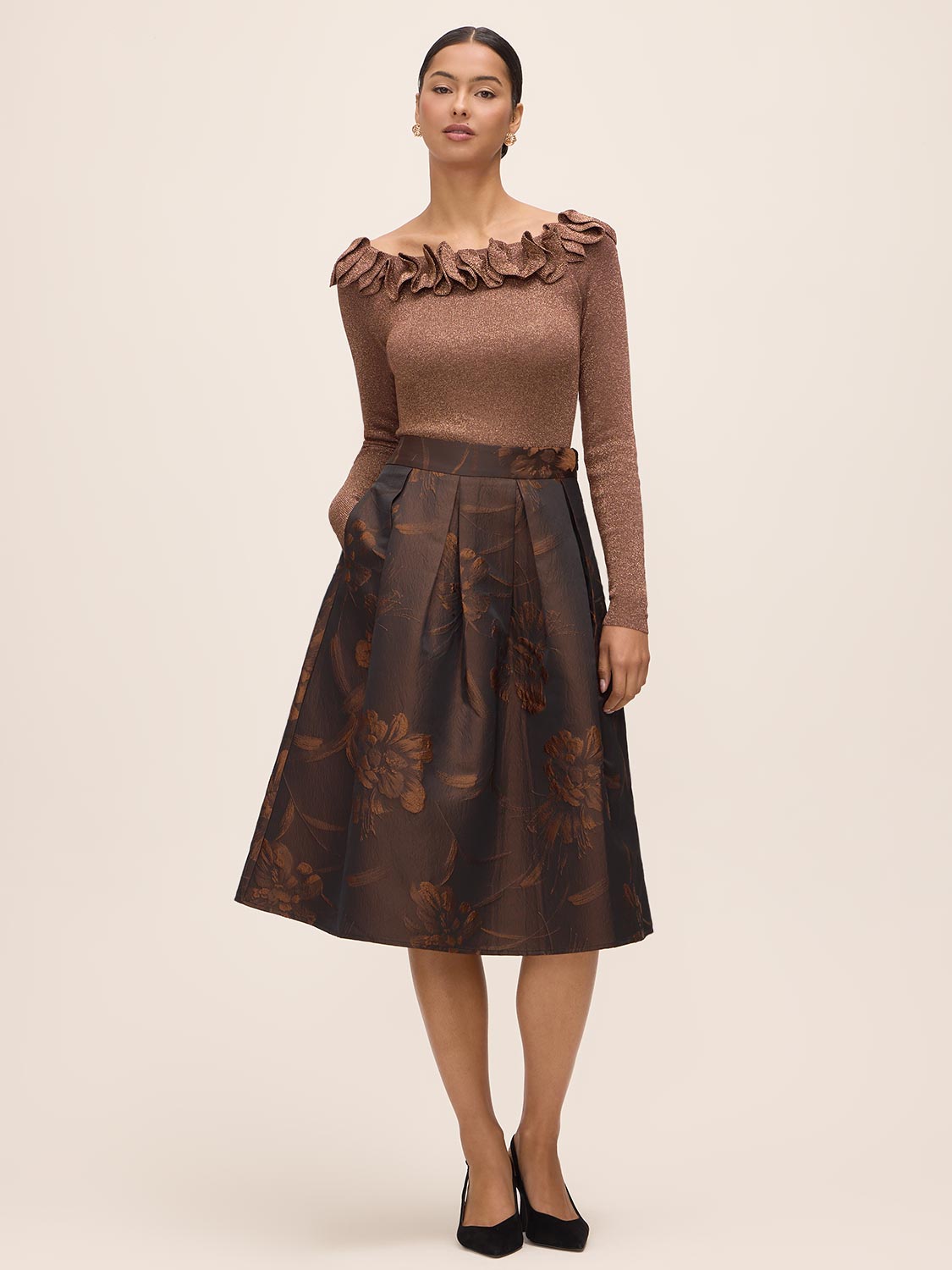 Copper Lurex Ruffle Off-Shoulder Sweater - Full Body View - Le Chateau