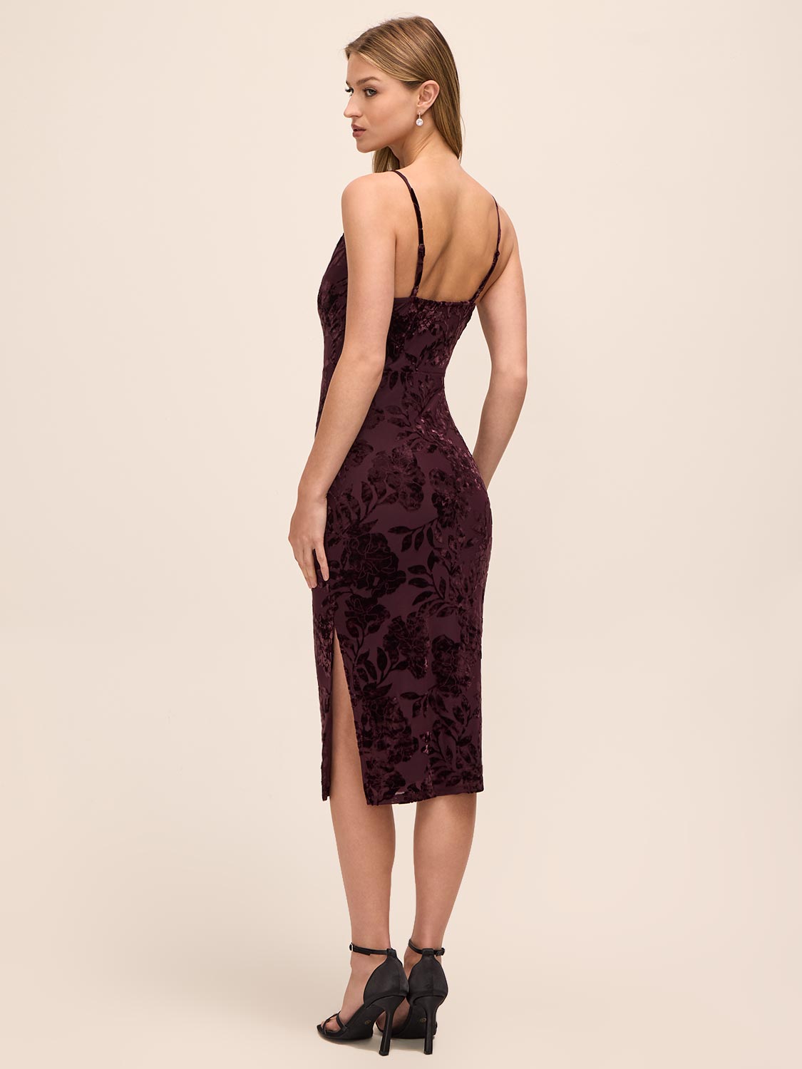 Black Cherry Burnout Floral Velour Sheath Dress - Back View - Le Chateau