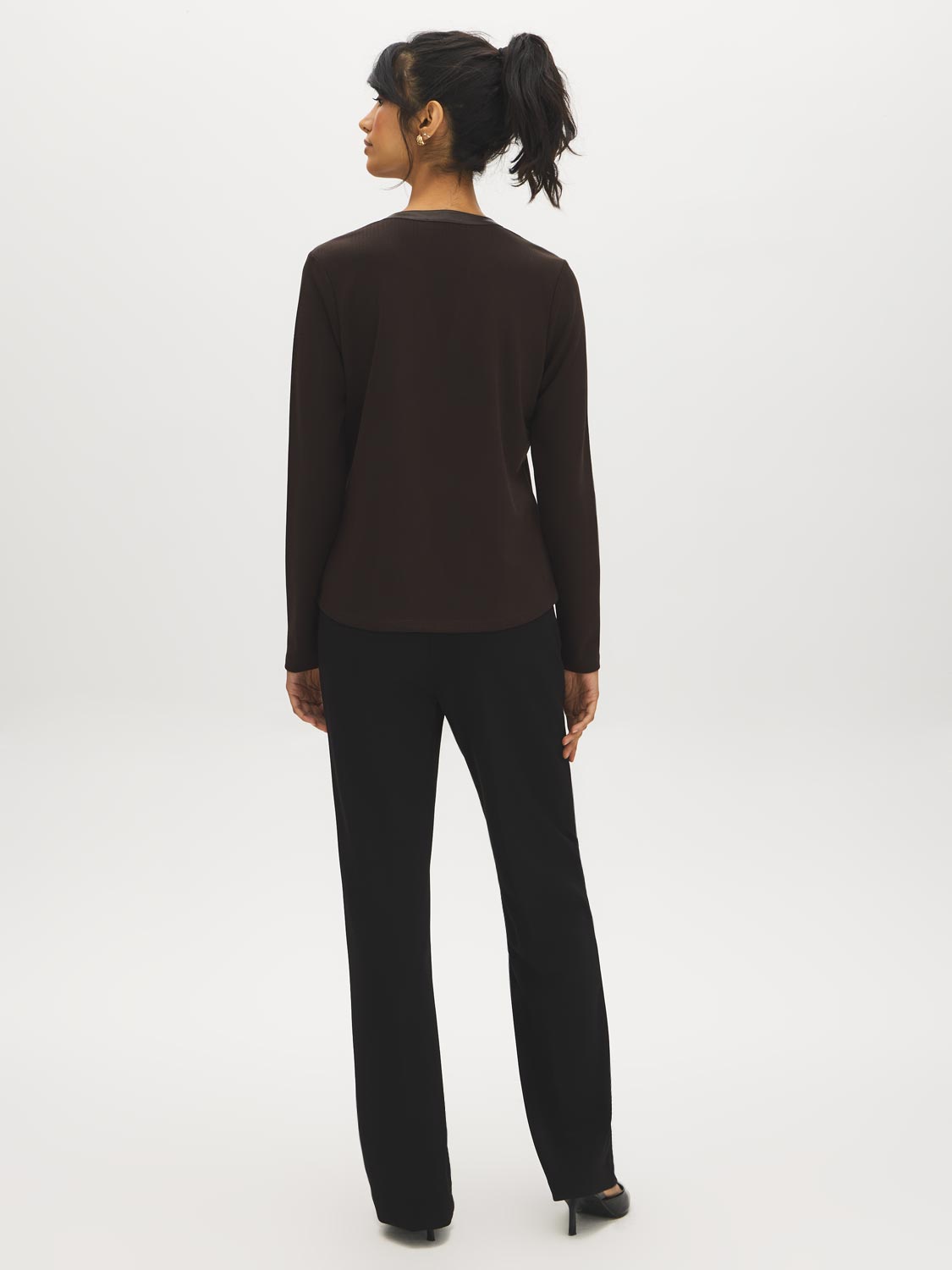 Coffee Bean Jacquard Knit Top with PU Trim - Back View - Suzy Shier