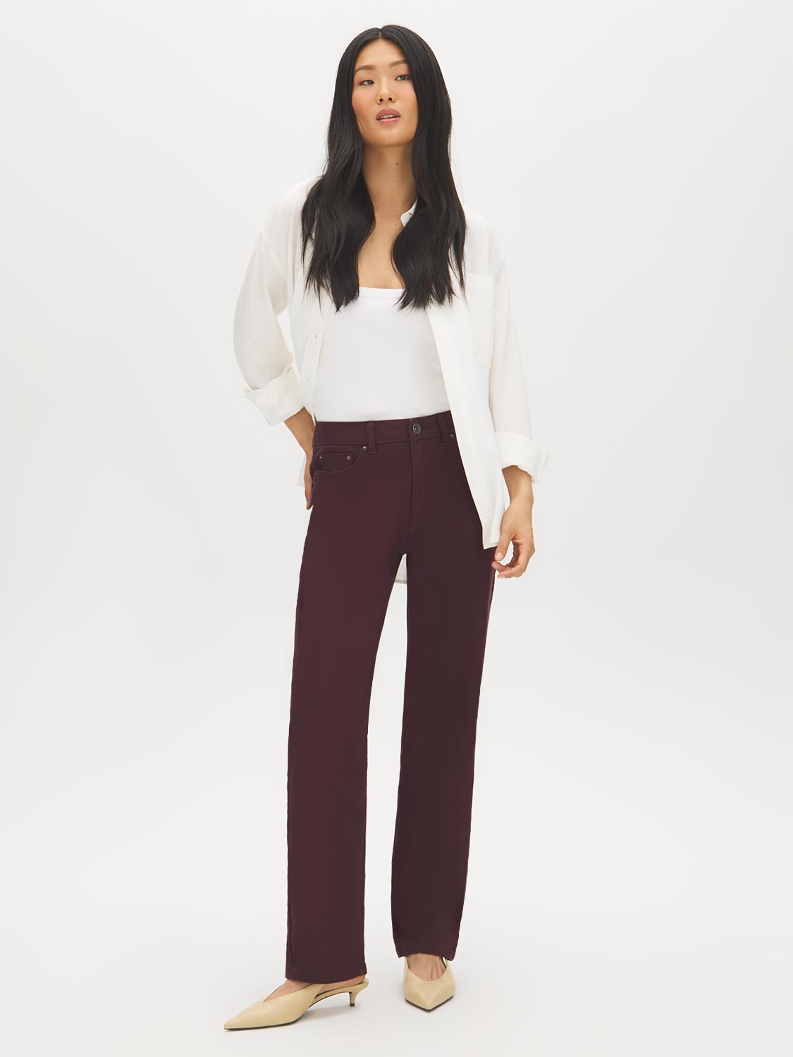 Winetasting Colored Straight Leg Denim Pants - Woman Wearing Classic 5-Pocket Denim - Suzy Shier