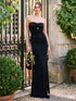 Black Strapless Gown with Rosette Trim - Woman Wearing Elegant Evening Dress with Side Slit - Le Chateau