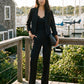 Black/White Stripe Fly-Front Ankle Trousers - Woman Wearing Straight Leg Pants - Suzy Shier