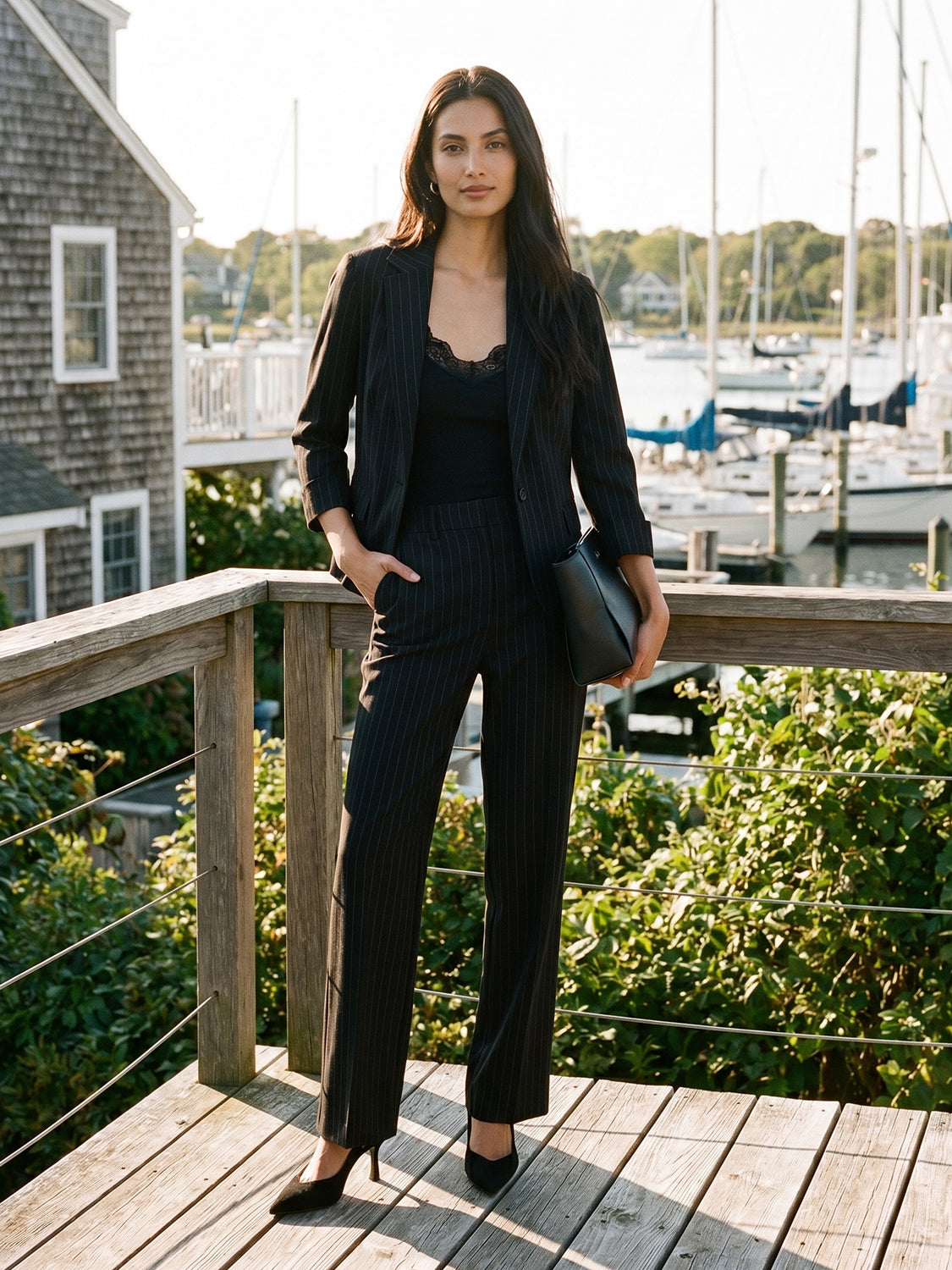 Black/White Stripe Fly-Front Ankle Trousers - Woman Wearing Straight Leg Pants - Suzy Shier