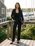 Black/White Stripe Fly-Front Ankle Trousers - Woman Wearing Straight Leg Pants - Suzy Shier