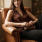 Brown Sleeveless V-Neck Shell with Lace Trim - Close-up Lace Detail - Suzy Shier