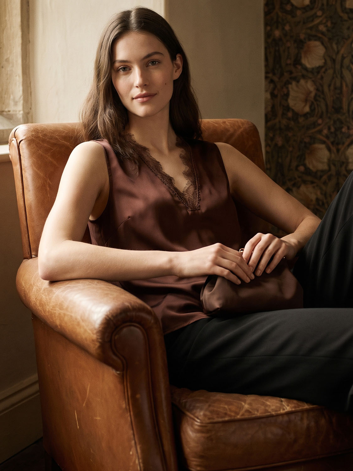 Brown Sleeveless V-Neck Shell with Lace Trim - Close-up Lace Detail - Suzy Shier